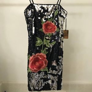 Sequin mini dress with embroidered flowers